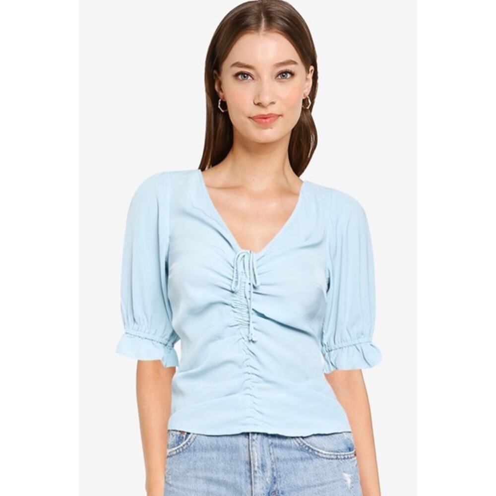 Abercrombie & Fitch Cinch Front Puff Sleeve Top V-Neck Ruffle Smocked Blouse
